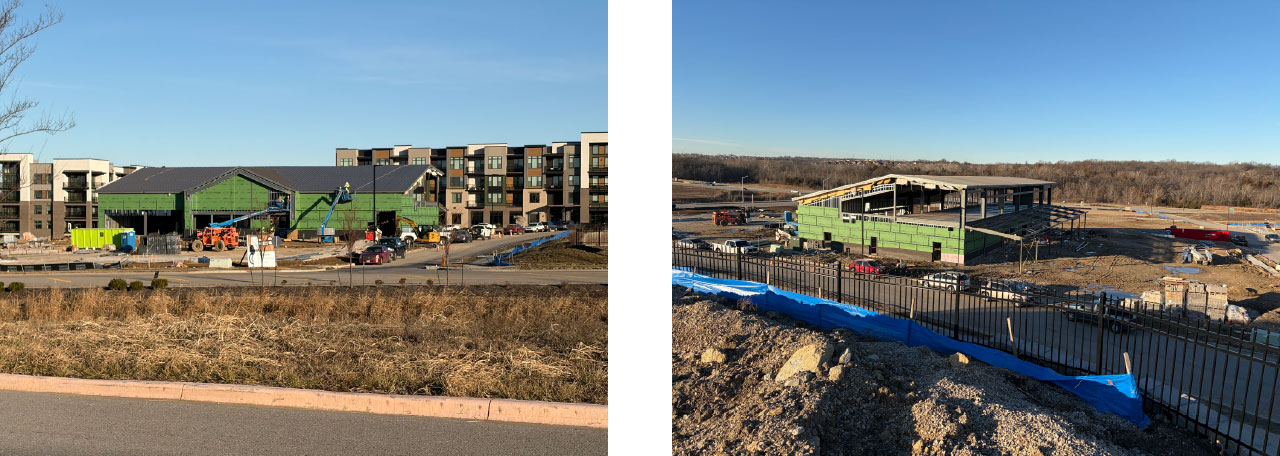 Two photos side by side that show a construction site with a building. The right photo shows the front of a large building built from iron beams, with cranes working out front. The left photo shows a side view from a higher vantage point, with the back of the building open and not yet complete. 