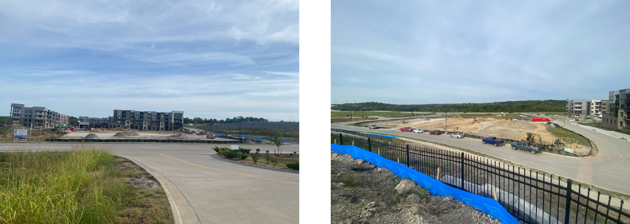 Two photos side by side that show a construction site. The left photo shows a site with gravel and dirt and apartment buildings behind. The right photo shows a higher vantage point of the same site, with cars parked along the road. 